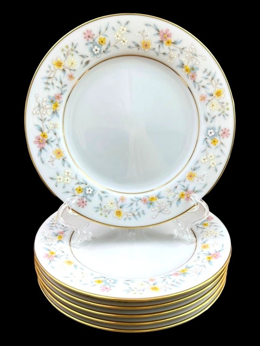 Noritake Sri Lanka Delevan 6 Fine China Dessert Plates 6.25" Floral Gold Trim